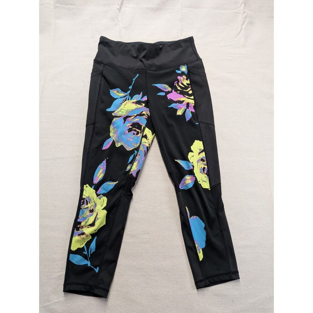 Athleisure Floral Active M Capri Leggings Black Neon Roses Rise by LuLaRoe
